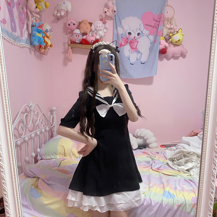 Women's Summer Japanese College Sailor Collar Waist Hugging Slim Ruffles Short-Height Student JK Skirt japanese school uniform Image