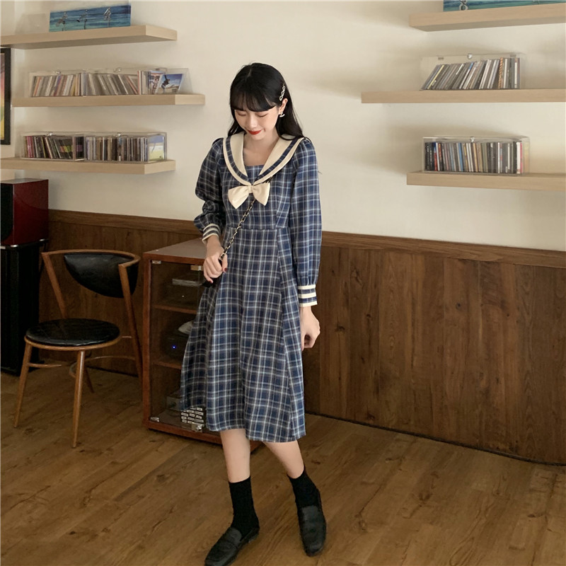 Long-Sleeve Dress Female Autumn Japanese Sweet Contrast Color Sailor Collar Bow  Plaid Dress  school girl uniform  jk uniform Image