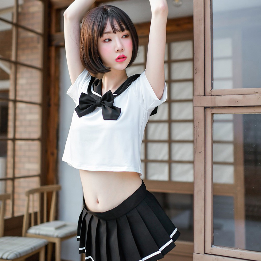 Sexy Women's JK Suit Navy Collar High School Uniform with Bow Tie Home Wear Mini Pleated Skirt Transparent Costume Lingerie Image