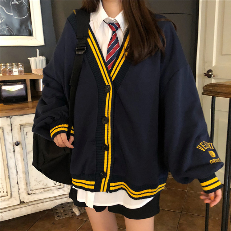 Spring Autumn Women Long Sleeve Knit Cardigan And Shirt V Neck Sweater Gray Drak Blue Coat Thicken Jk School Uniform Sweater Image