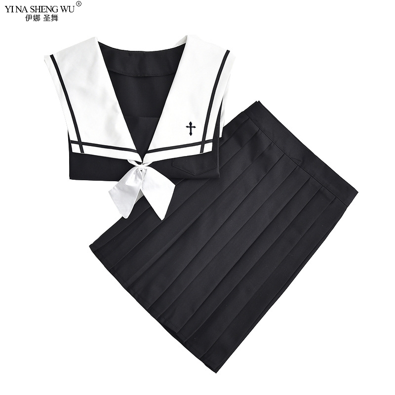 Cross Embroidery School Uniform High School Girl Sailor Suit Cosplay Costume Black Short Long Sleeve Japanese Anime Uniforms Image