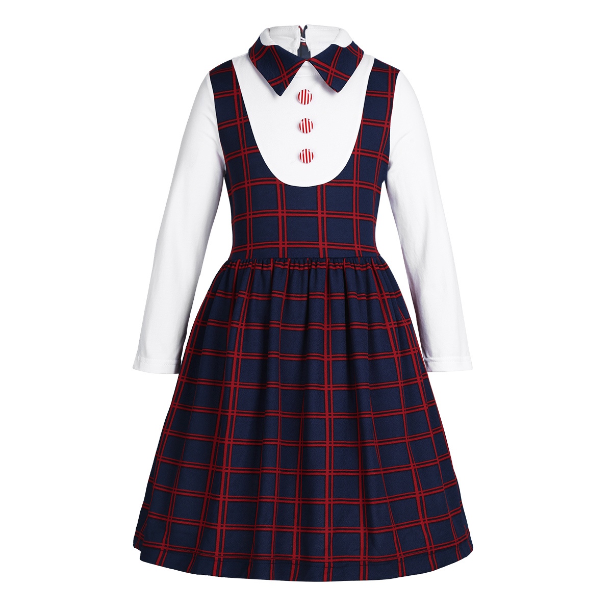 Kids Children Students Girls Uniform Long Sleeves Lapel Plaid A-line False Two-piece Dress for Birthday Party School Uniforms Image