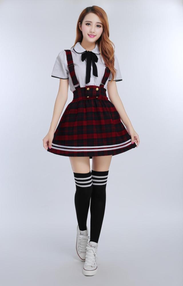 Japanese School Uniform for girls Students Class Sweet Clothes Plus size Navy Straps skirt +White Shirt +Stocking 3 Pcs / Set Image