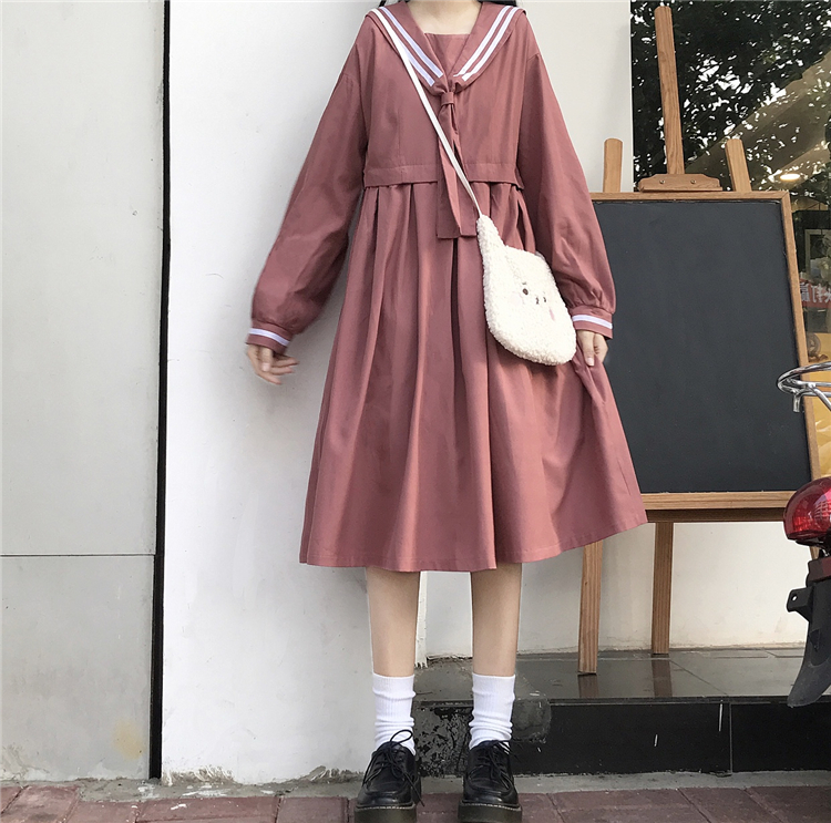 2020 New Japanese  Sweet College  Overknee dress Striped Sailor Collar Student Long Sleeve Dress Female Autumn  school uniform Image