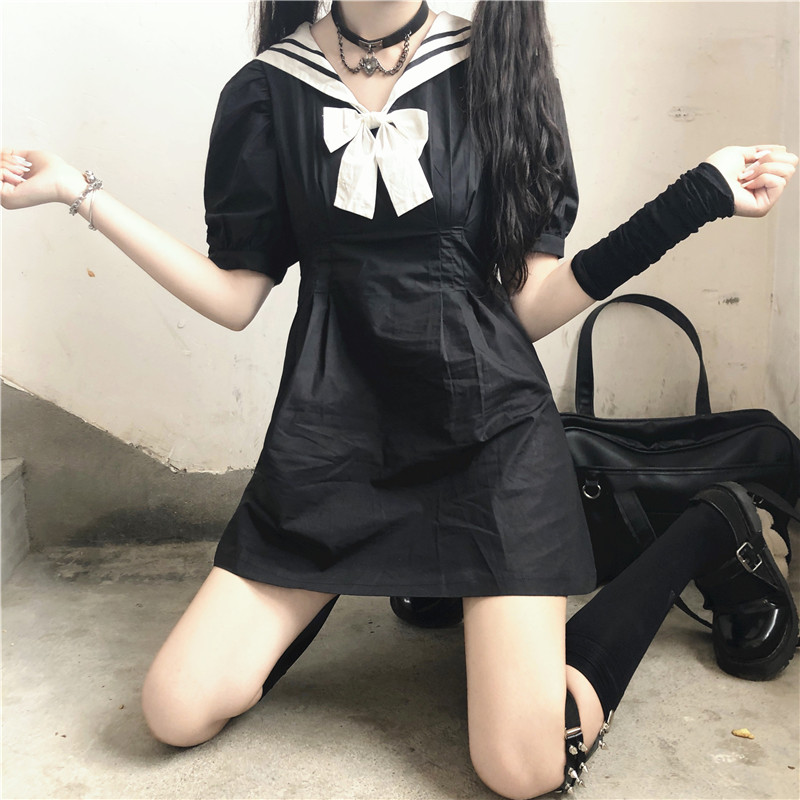 Japanese College Sailor Collar Puff Sleeve High Waist Slimming Sailor Suit JK Dress Female 2020 Summer japanese school uniform Image
