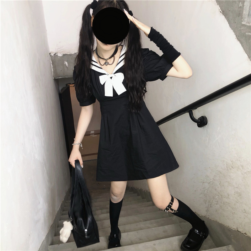 Japanese College Sailor Collar Puff Sleeve High Waist Slimming Sailor Suit JK Dress Female 2020 Summer japanese school uniform Image