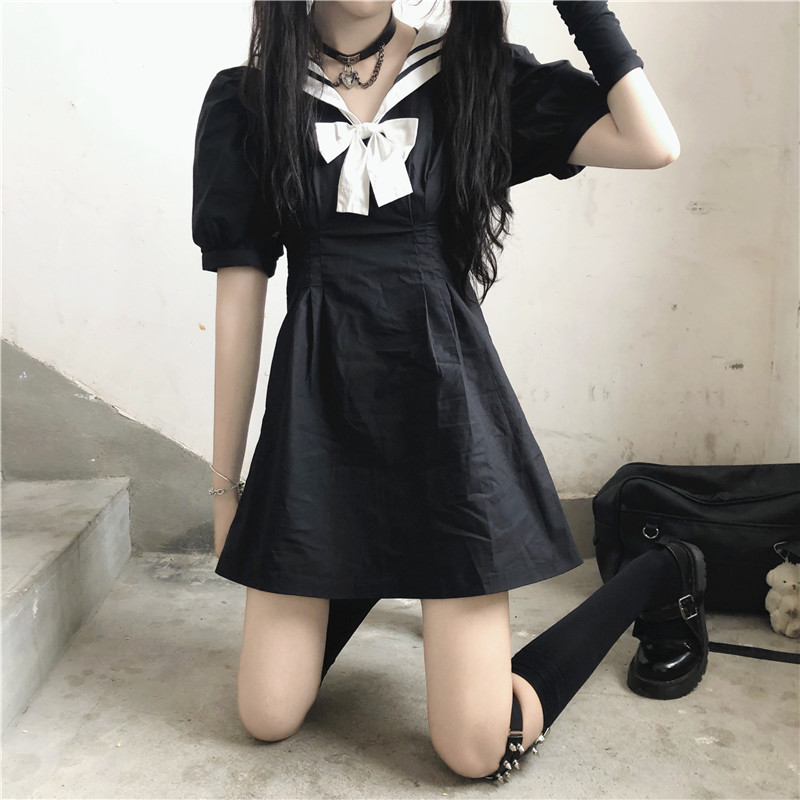 Japanese College Sailor Collar Puff Sleeve High Waist Slimming Sailor Suit JK Dress Female 2020 Summer japanese school uniform Image