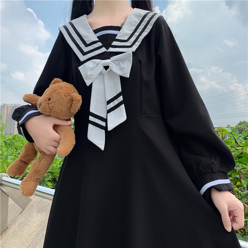 College Style Long-Sleeved Dress Women Spring and Autumn Japanese Sweet Bow Sailor Collar High Waist JK Sailor dress jk uniform Image