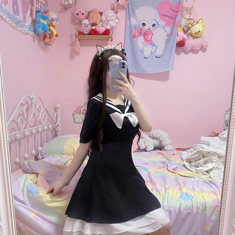 Women's Summer Japanese College Sailor Collar Waist Hugging Slim Ruffles Short-Height Student JK Skirt japanese school uniform Image