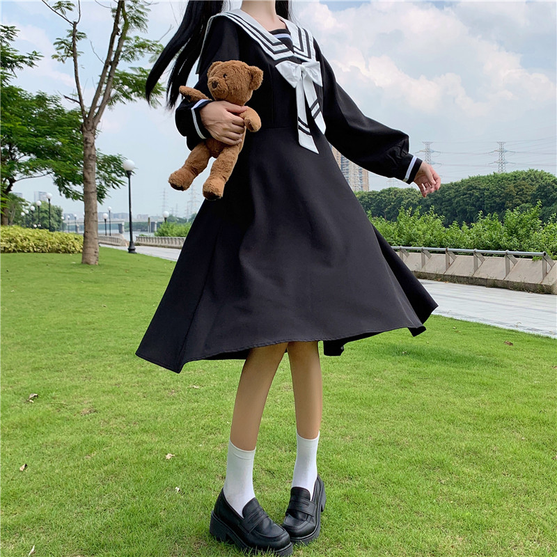 College Style Long-Sleeved Dress Women Spring and Autumn Japanese Sweet Bow Sailor Collar High Waist JK Sailor dress jk uniform Image