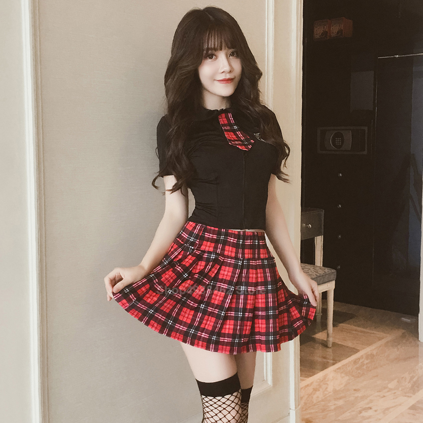 British High School Student Girls School Uniform Women Sexy JK Suit Bandage Backless Tops+Plaid Skirt Clothing Set for Female Image