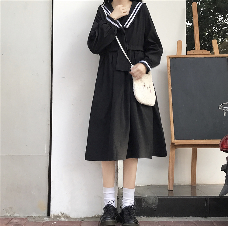 2020 New Japanese  Sweet College  Overknee dress Striped Sailor Collar Student Long Sleeve Dress Female Autumn  school uniform Image