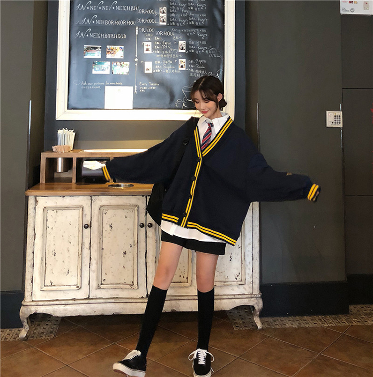 Spring Autumn Women Long Sleeve Knit Cardigan And Shirt V Neck Sweater Gray Drak Blue Coat Thicken Jk School Uniform Sweater Image