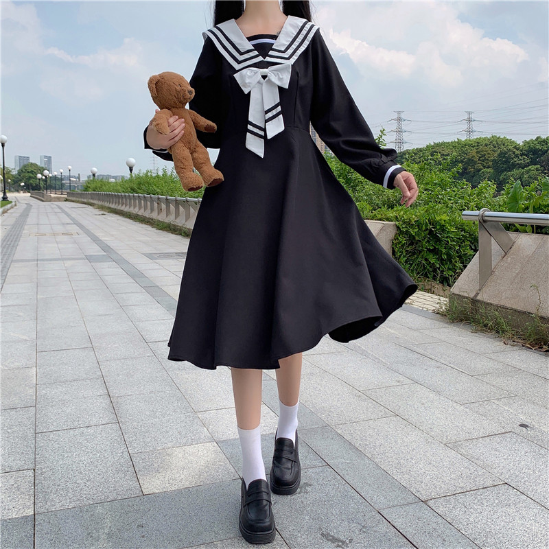College Style Long-Sleeved Dress Women Spring and Autumn Japanese Sweet Bow Sailor Collar High Waist JK Sailor dress jk uniform Image