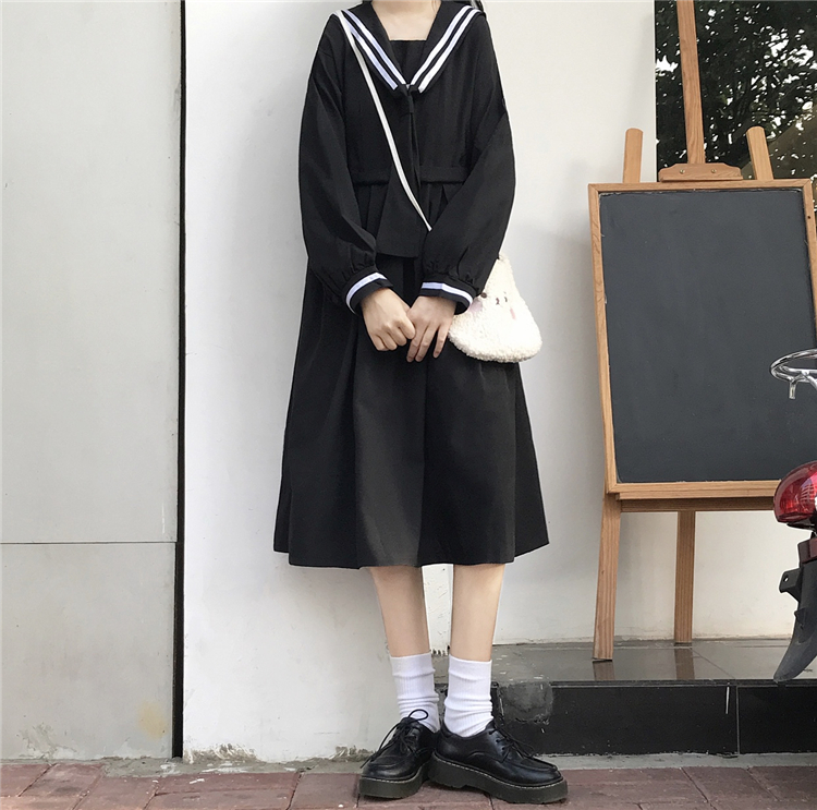 2020 New Japanese  Sweet College  Overknee dress Striped Sailor Collar Student Long Sleeve Dress Female Autumn  school uniform Image