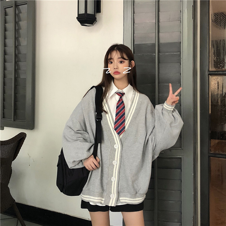 Spring Autumn Women Long Sleeve Knit Cardigan And Shirt V Neck Sweater Gray Drak Blue Coat Thicken Jk School Uniform Sweater Image