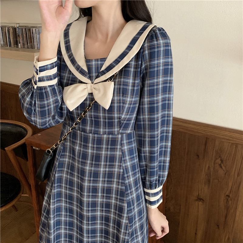 Long-Sleeve Dress Female Autumn Japanese Sweet Contrast Color Sailor Collar Bow  Plaid Dress  school girl uniform  jk uniform Image