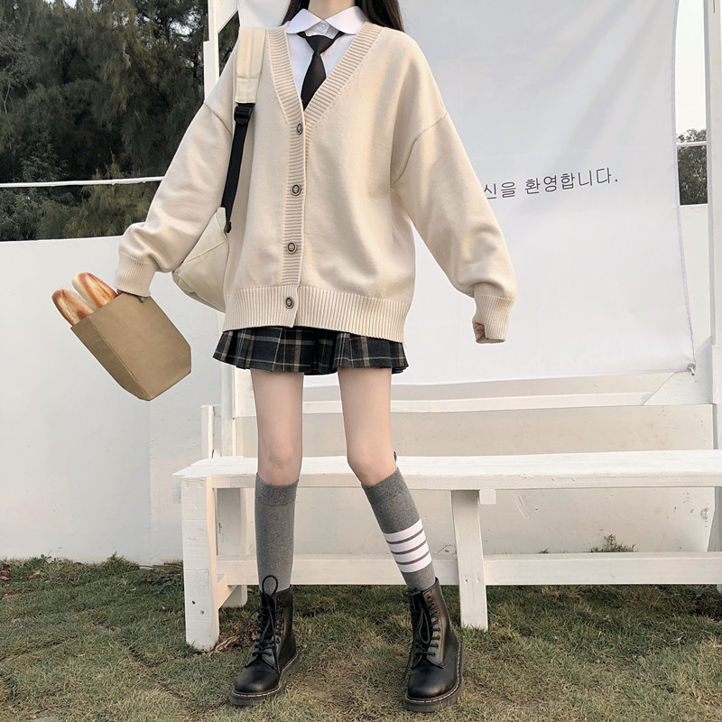 Japanese fashion College jk Loose V-neck Cardigan 2020 New Sweater Female Outer Wear JK Sweater Coat japanese school uniform Image