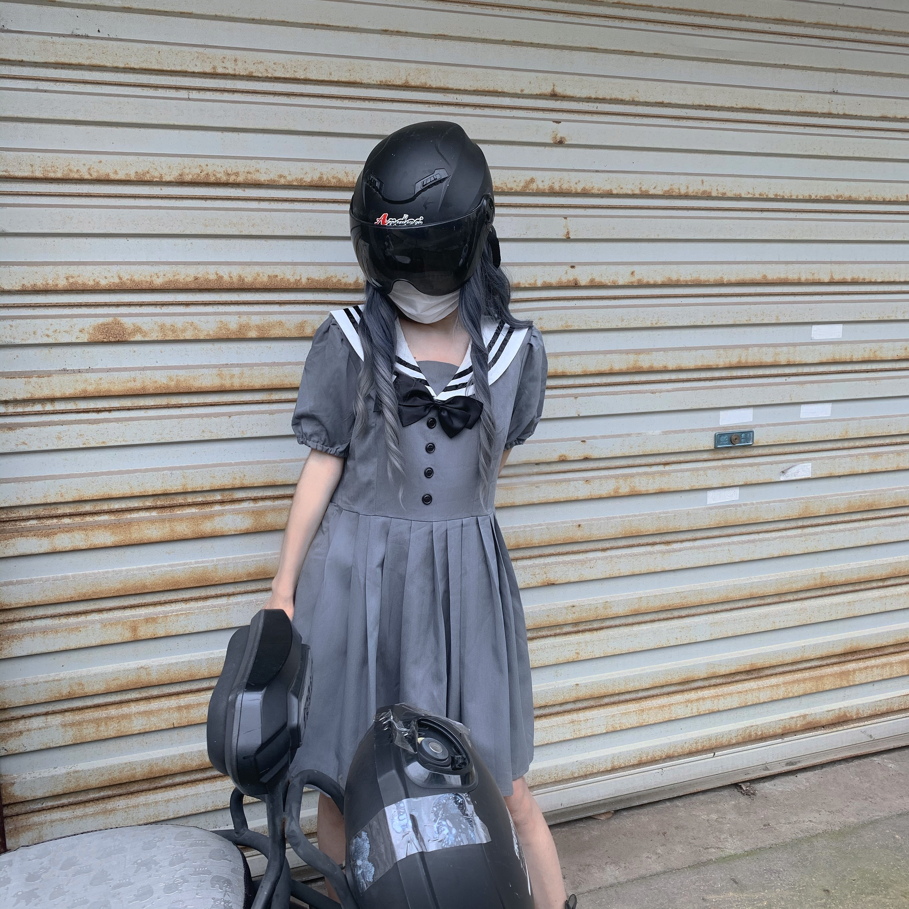 Japanese College Dark Sailor Collar Puff Sleeve High Waist Pleated JK Sailor Dress Women's 2020 Summer school girl uniform Image