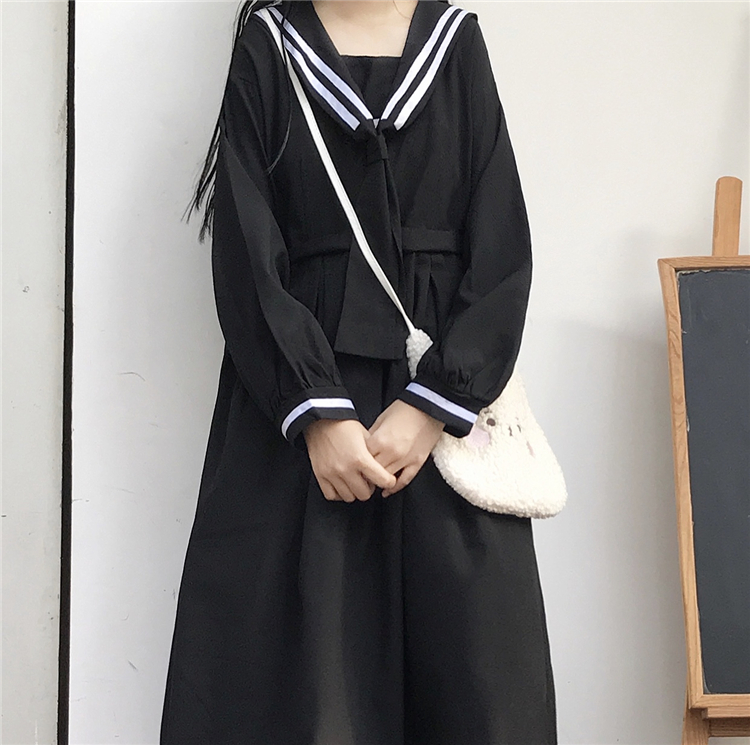 2020 New Japanese  Sweet College  Overknee dress Striped Sailor Collar Student Long Sleeve Dress Female Autumn  school uniform Image