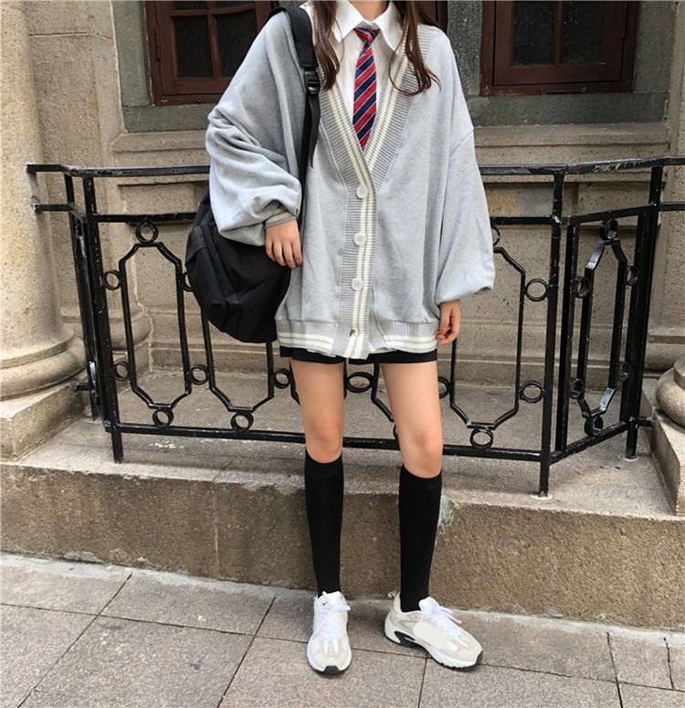 Spring Autumn Women Long Sleeve Knit Cardigan And Shirt V Neck Sweater Gray Drak Blue Coat Thicken Jk School Uniform Sweater Image