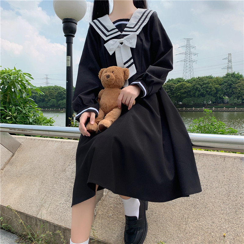 College Style Long-Sleeved Dress Women Spring and Autumn Japanese Sweet Bow Sailor Collar High Waist JK Sailor dress jk uniform Image