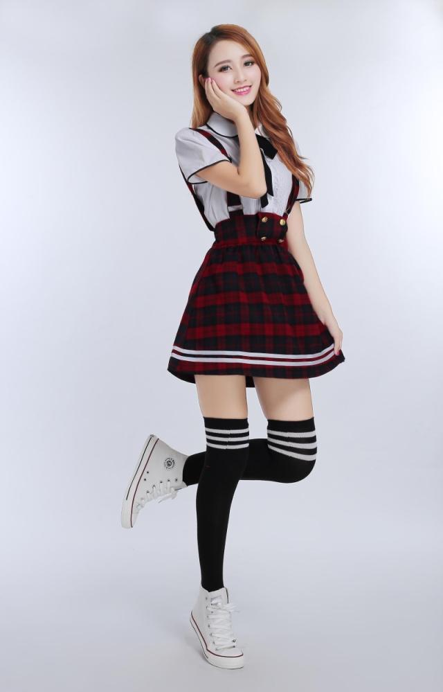 Japanese School Uniform for girls Students Class Sweet Clothes Plus size Navy Straps skirt +White Shirt +Stocking 3 Pcs / Set Image