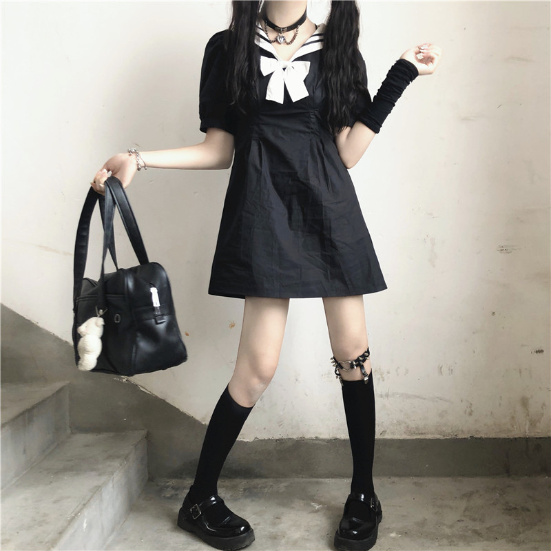 Japanese College Sailor Collar Puff Sleeve High Waist Slimming Sailor Suit JK Dress Female 2020 Summer japanese school uniform Image