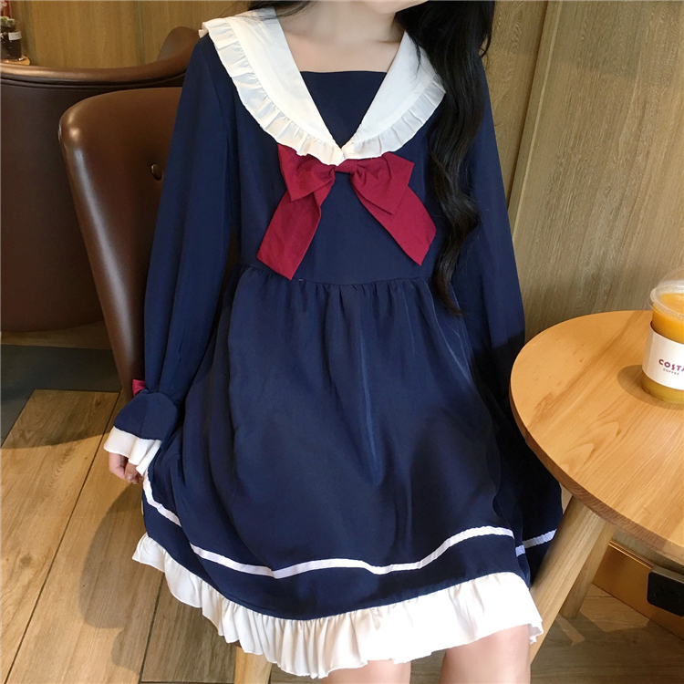 Summer Girl Cartoon Blue White Sailor Collar Dresses School Uniform Girls Preppy Cute Tie Short Sleeve Casual Dress Image