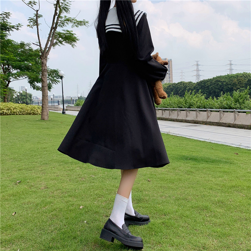 College Style Long-Sleeved Dress Women Spring and Autumn Japanese Sweet Bow Sailor Collar High Waist JK Sailor dress jk uniform Image