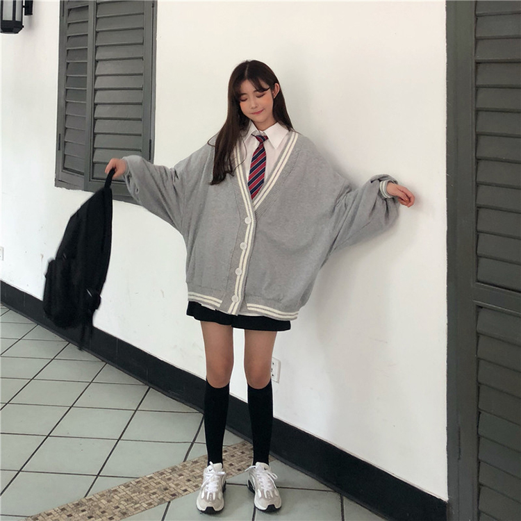 Spring Autumn Women Long Sleeve Knit Cardigan And Shirt V Neck Sweater Gray Drak Blue Coat Thicken Jk School Uniform Sweater Image