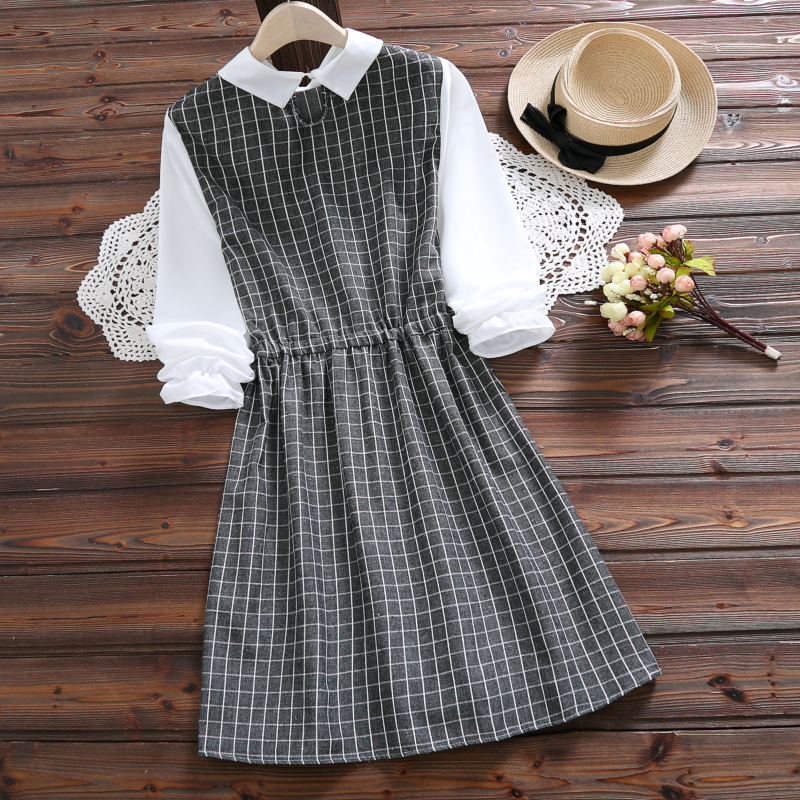 Women's Literary Students Checked Dress Female Japanese School Uniform For Girls Long Sleeve Cotton and Linen Princess Dresses Image