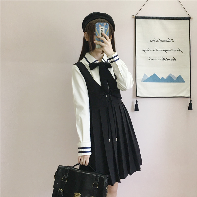 Japanese College JK Uniforms Long-Sleeved Shirt Pleated Suspender Dress Two-Piece Suit Female  school girl uniform Image
