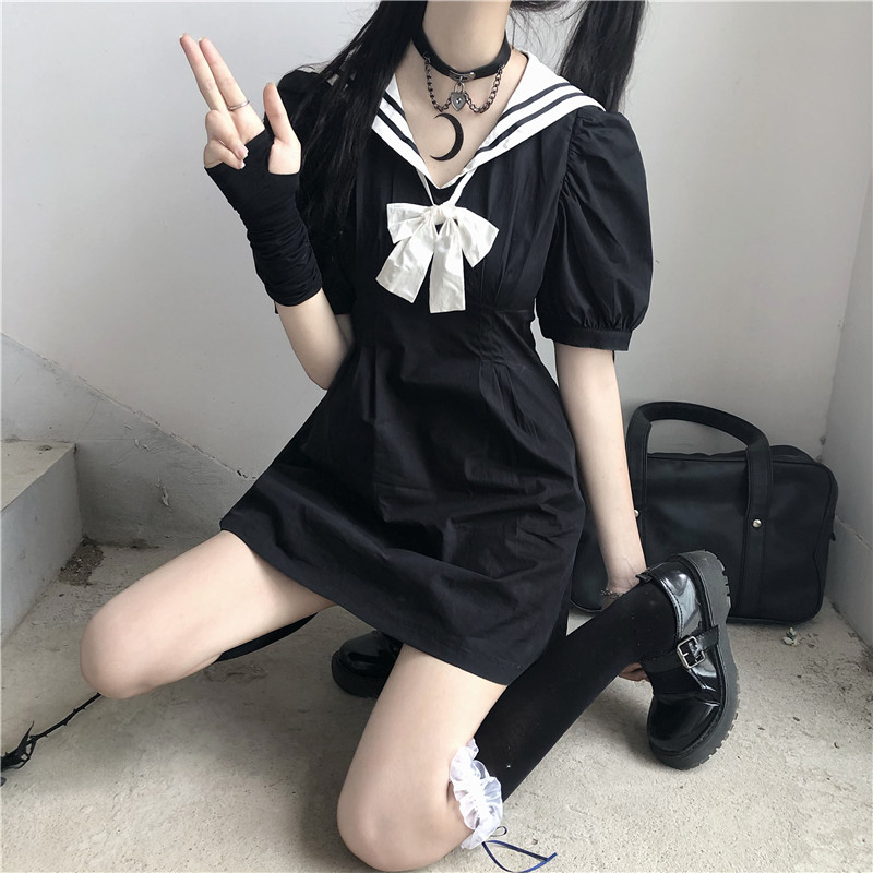 Japanese College Sailor Collar Puff Sleeve High Waist Slimming Sailor Suit JK Dress Female 2020 Summer japanese school uniform Image