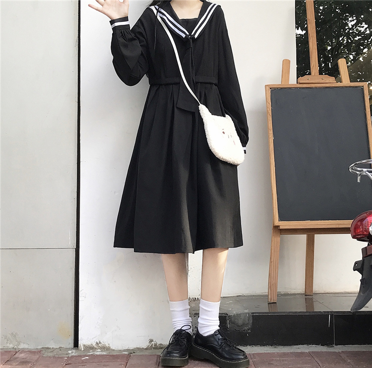 2020 New Japanese  Sweet College  Overknee dress Striped Sailor Collar Student Long Sleeve Dress Female Autumn  school uniform Image