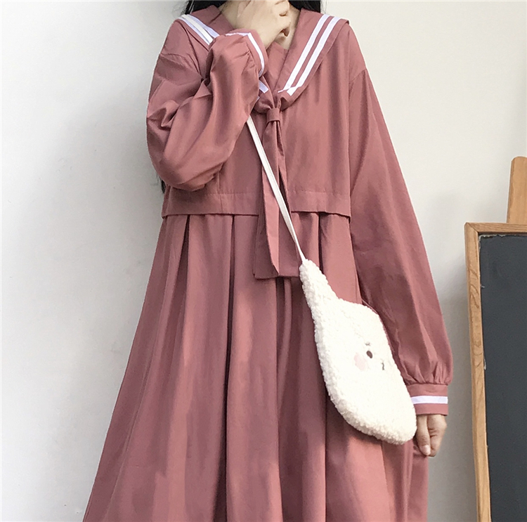 2020 New Japanese  Sweet College  Overknee dress Striped Sailor Collar Student Long Sleeve Dress Female Autumn  school uniform Image