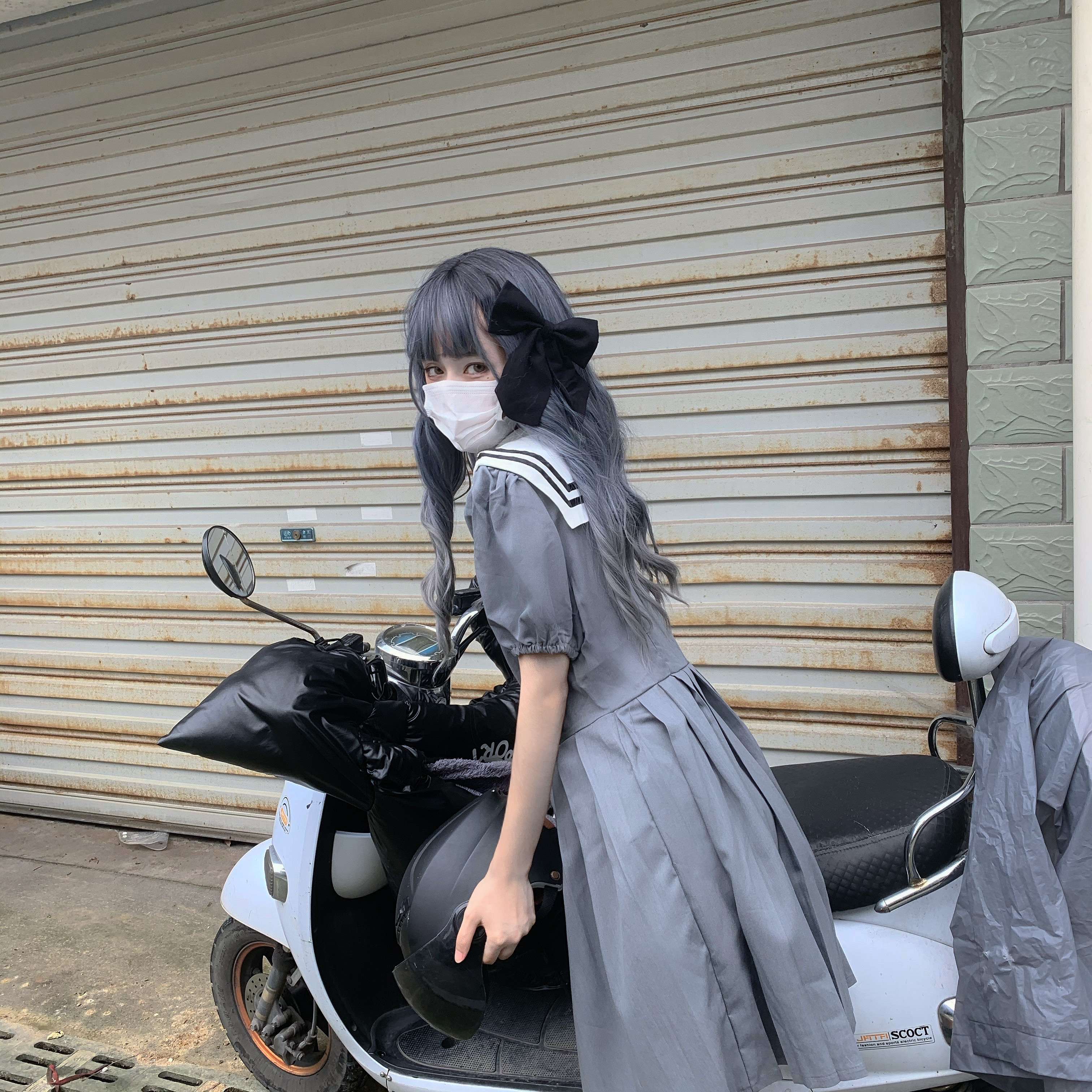 Japanese College Dark Sailor Collar Puff Sleeve High Waist Pleated JK Sailor Dress Women's 2020 Summer school girl uniform Image