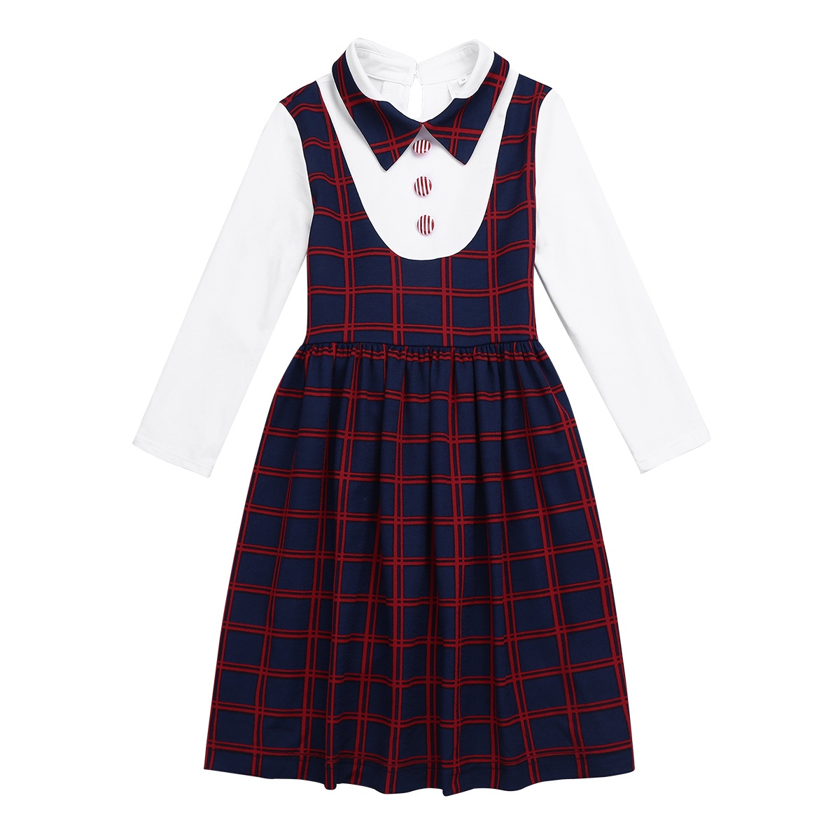 Kids Children Students Girls Uniform Long Sleeves Lapel Plaid A-line False Two-piece Dress for Birthday Party School Uniforms Image