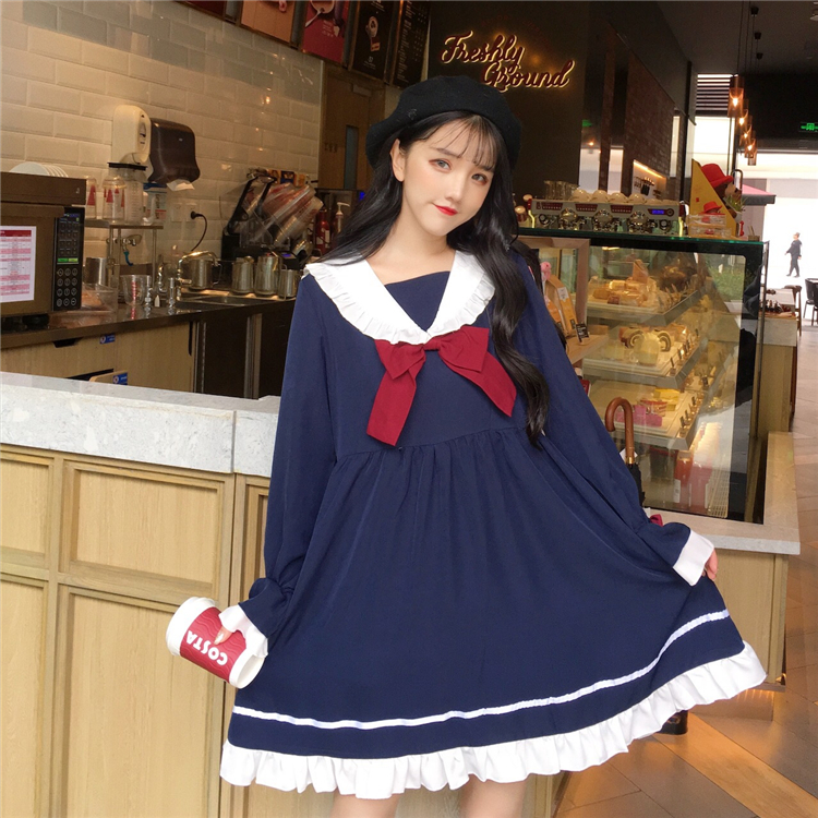 Summer Girl Cartoon Blue White Sailor Collar Dresses School Uniform Girls Preppy Cute Tie Short Sleeve Casual Dress Image