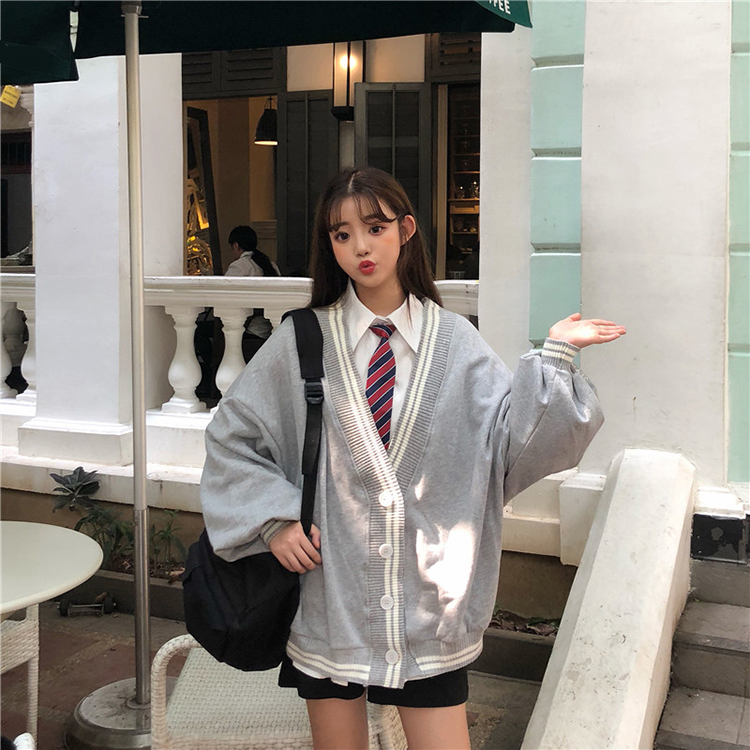 Spring Autumn Women Long Sleeve Knit Cardigan And Shirt V Neck Sweater Gray Drak Blue Coat Thicken Jk School Uniform Sweater Image