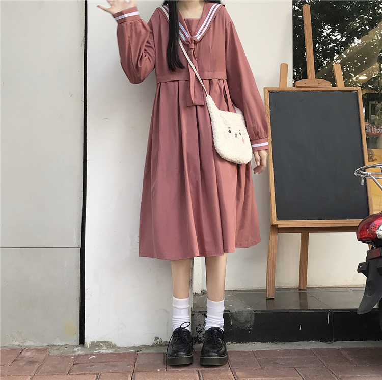 2020 New Japanese  Sweet College  Overknee dress Striped Sailor Collar Student Long Sleeve Dress Female Autumn  school uniform Image