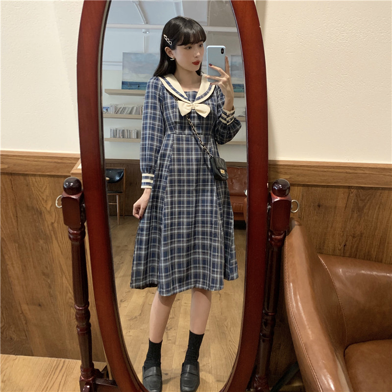 Long-Sleeve Dress Female Autumn Japanese Sweet Contrast Color Sailor Collar Bow  Plaid Dress  school girl uniform  jk uniform Image