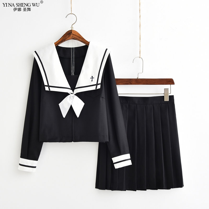 Cross Embroidery School Uniform High School Girl Sailor Suit Cosplay Costume Black Short Long Sleeve Japanese Anime Uniforms Image