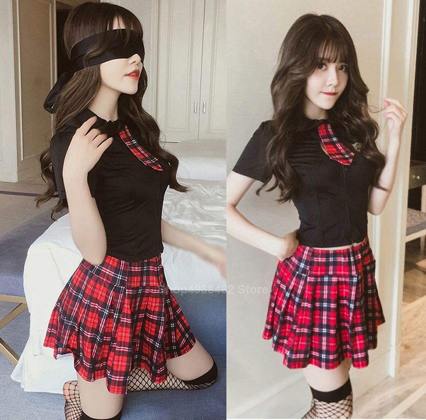 British High School Student Girls School Uniform Women Sexy JK Suit Bandage Backless Tops+Plaid Skirt Clothing Set for Female Image