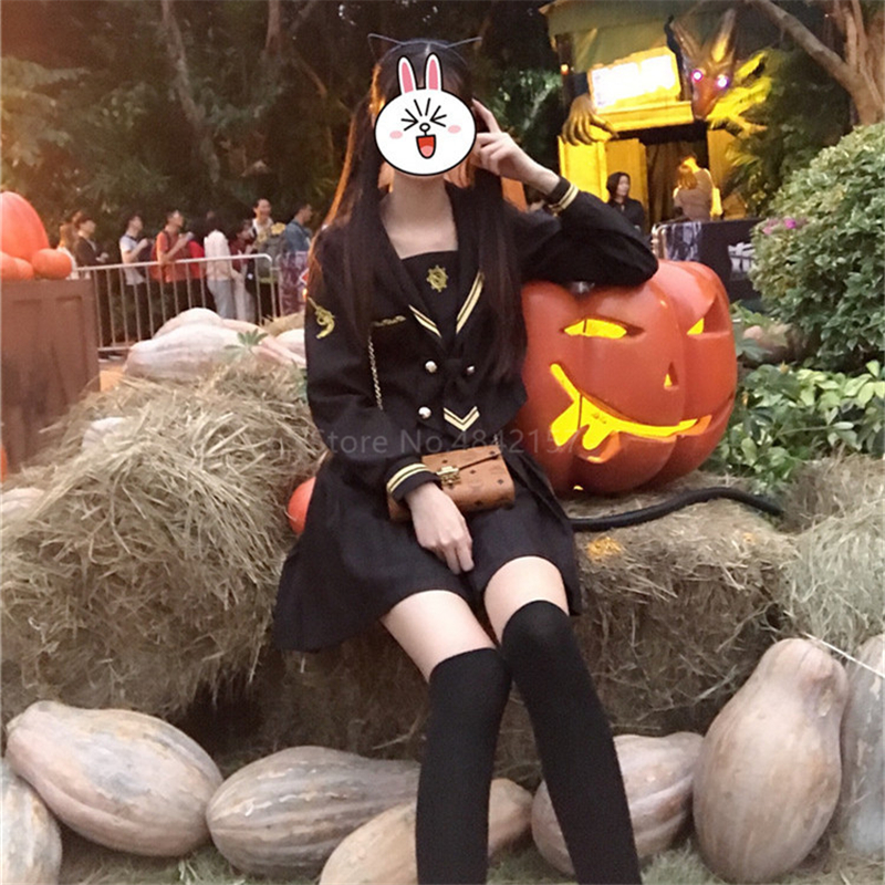 Japanese Bad Girls School Uniform Basic Pleated Skirt Excellent Students Super-long College Black Sailor Suits Mori Lolita Shoes Image