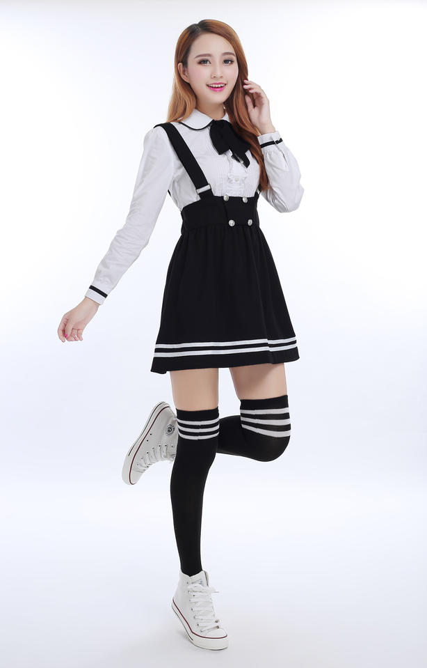 Japanese School Uniform for girls Students Class Sweet Clothes Plus size Navy Straps skirt +White Shirt +Stocking 3 Pcs / Set Image