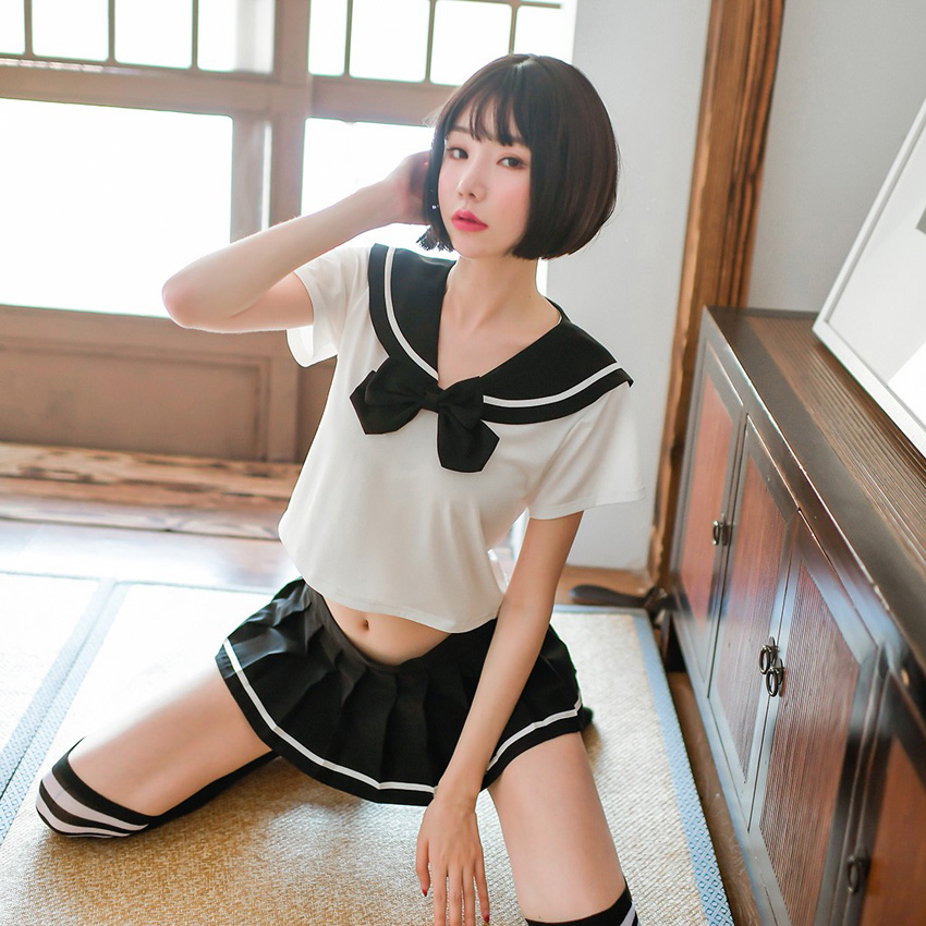 Sexy Women's JK Suit Navy Collar High School Uniform with Bow Tie Home Wear Mini Pleated Skirt Transparent Costume Lingerie Image