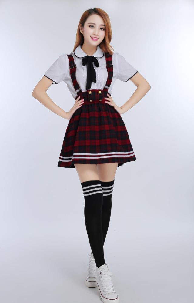 Japanese School Uniform for girls Students Class Sweet Clothes Plus size Navy Straps skirt +White Shirt +Stocking 3 Pcs / Set Image