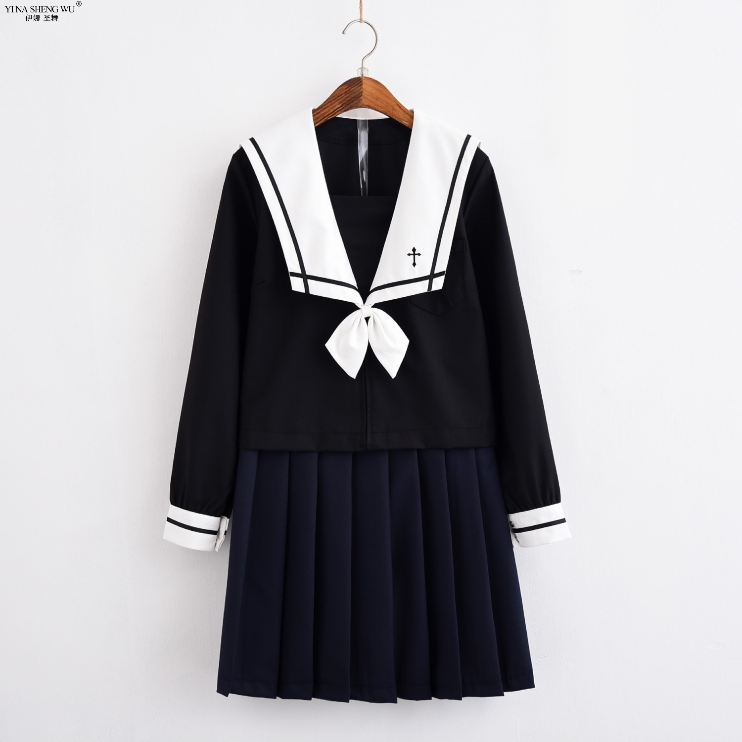 Cross Embroidery School Uniform High School Girl Sailor Suit Cosplay Costume Black Short Long Sleeve Japanese Anime Uniforms Image