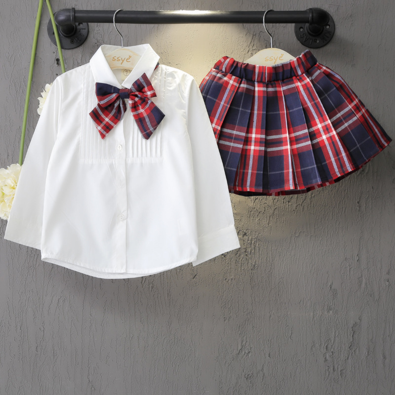 90-130cm Children British Style School Uniform for Kids Girls White Blouse Red Plaid Skirt Set Choir Performance Dance Costumes Image